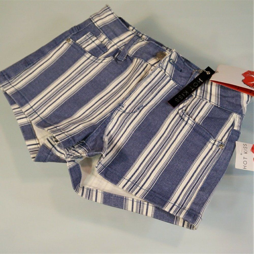 Hot Kiss Cici Shorts Womens Size 1 High Rise Blue Striped Stretch Denim